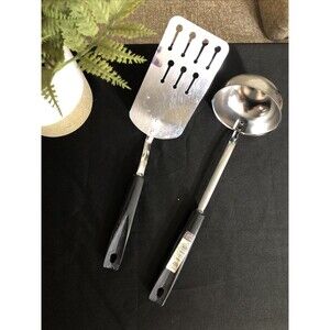 2 Vtg Ecko 11” Utensils Spatula Turner Keyhole Slot & Ladle Black Handle USA